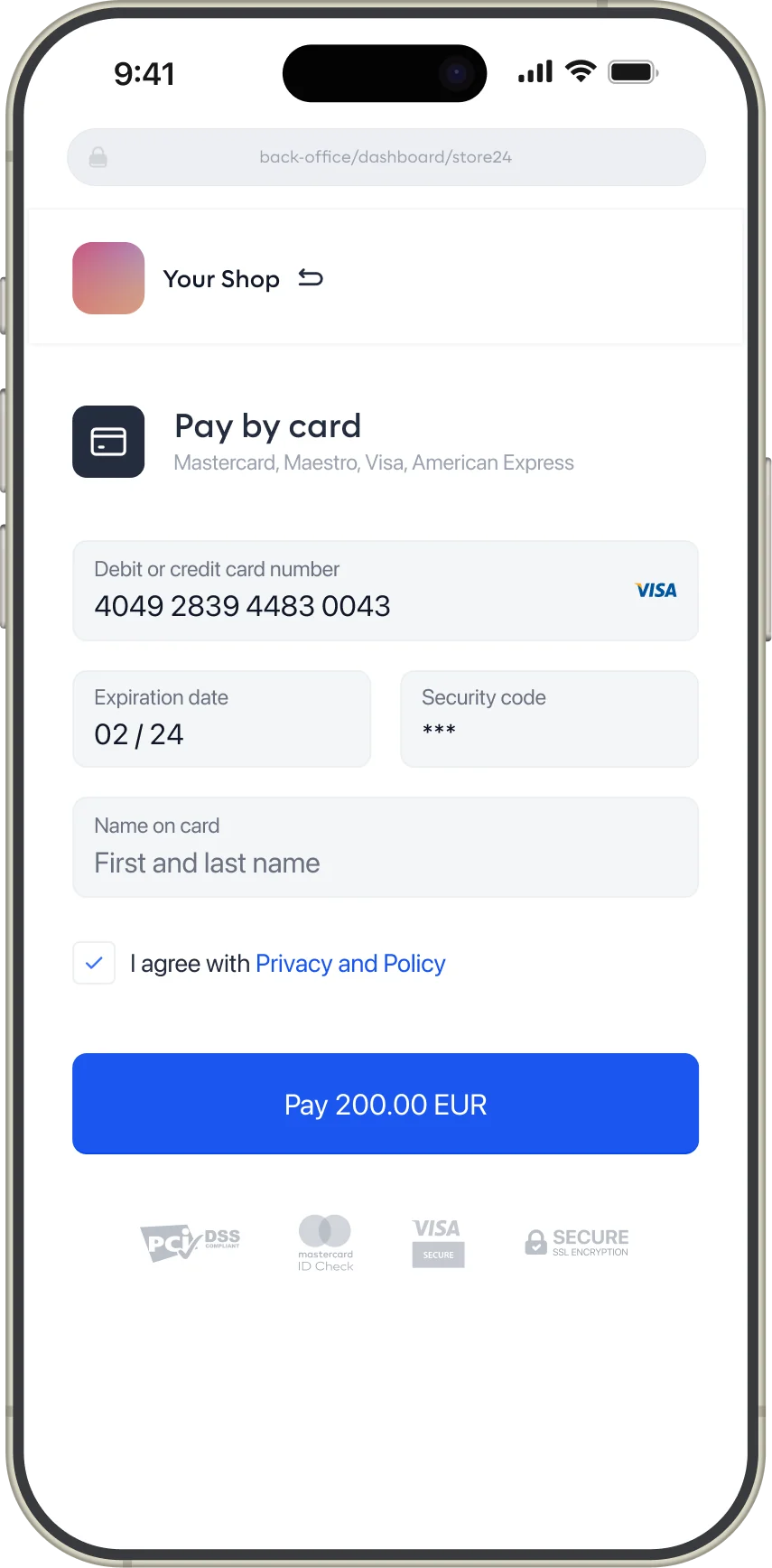 Blue branded checkout